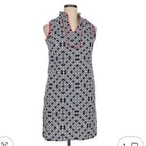 Retro Nautical Geometric Print Classic Sleeveless Shift Dress By Eliza J Sz 14
